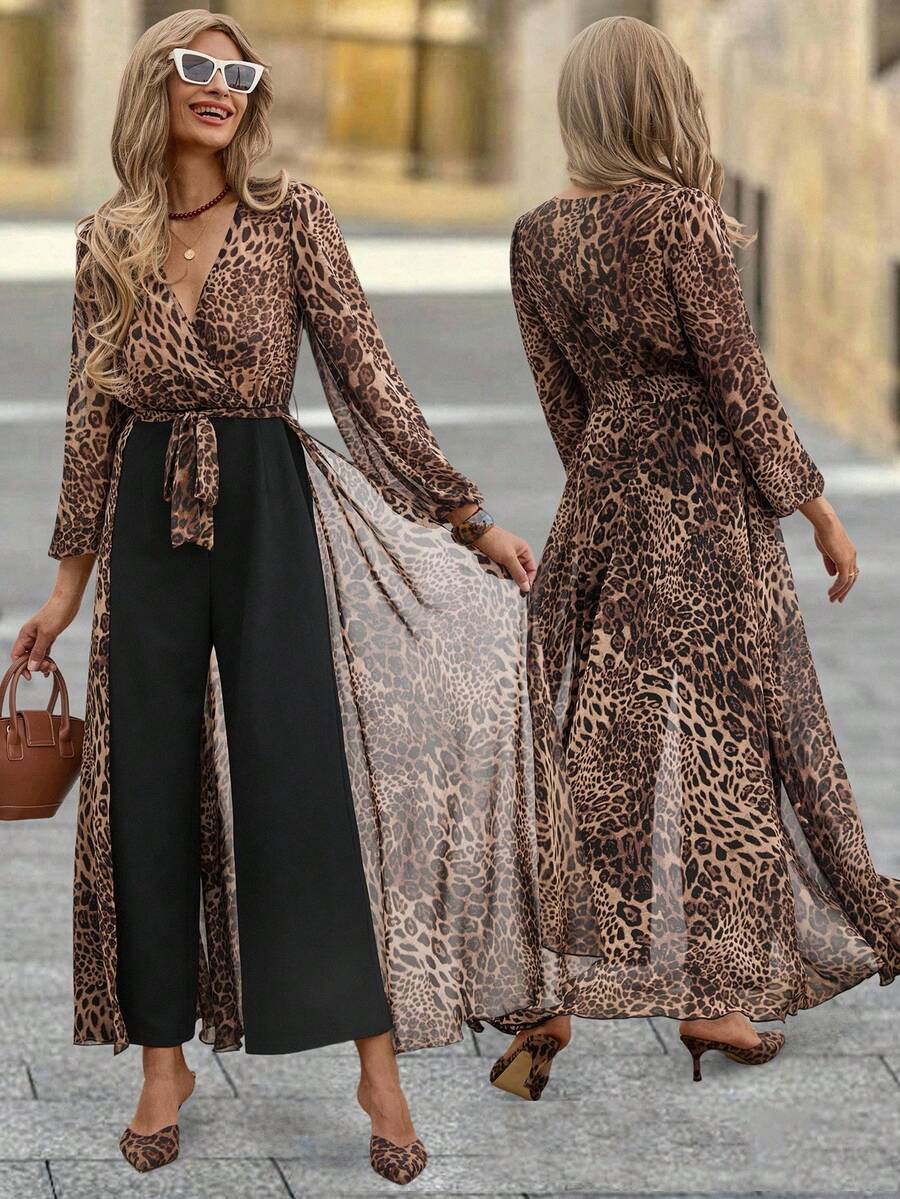 SHEIN Clasi 女士秋季长袖宽松豹纹高开叉腰连体裤，性感优雅，适合通勤 - 咖啡棕 - 查看 1