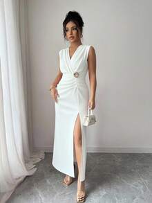 Rafferiza 女士礼服，开衩百褶修身连衣裙