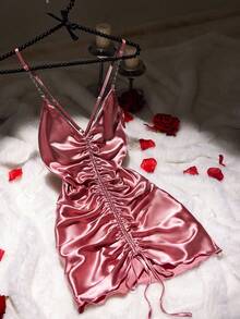 SilkySpell 露背交叉金属心形链条肩带抽绳褶皱性感仿丝绸睡裙缎面连衣裙丝滑连衣裙褶皱缎面连衣裙缎面迷你连衣裙，圣诞节 - 藕粉色 - 查看 6