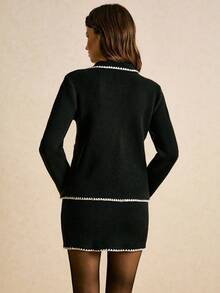 Poéselle 2-częściowy damski komplet: kardigan z kontrastowym wykończeniem i spódnica dzianinowa - Czarne - Zobacz 7