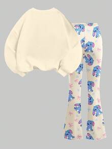 SHEIN Tween Girl Back-To-School Beige Autumn Cute School Knit 2 Pieces Set,Cartoon Blue Rabbit Lulu Stitch Graphic Loose Sweatshirt&Flare Leg Pants,Retro - Multicolor - View 3