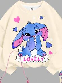SHEIN Tween Girl Back-To-School Beige Autumn Cute School Knit 2 Pieces Set,Cartoon Blue Rabbit Lulu Stitch Graphic Loose Sweatshirt&Flare Leg Pants,Retro - Multicolor - View 4