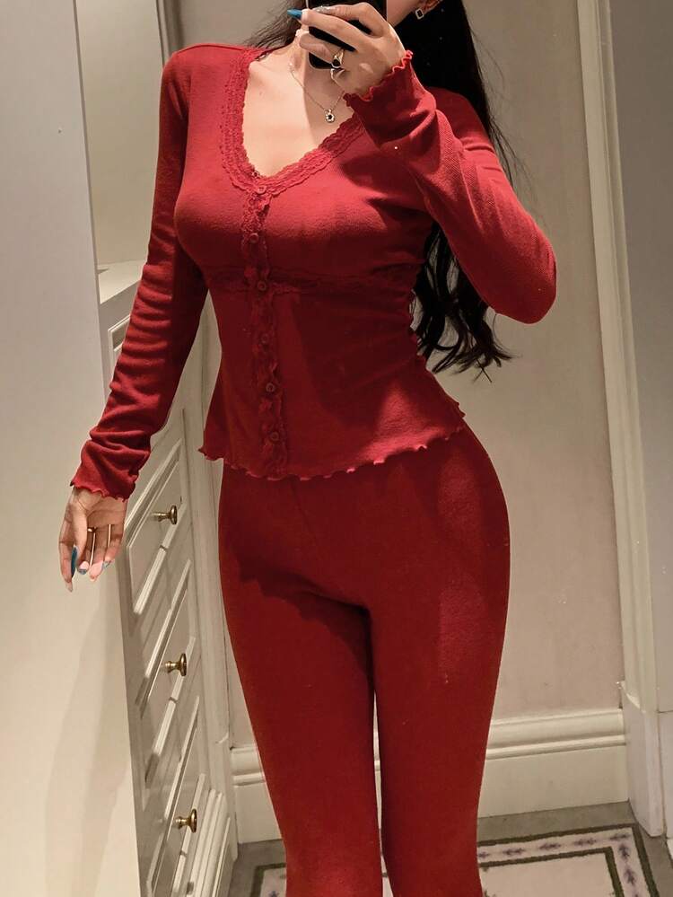 Conjunto de ropa de dormir ajustada con parches de encaje para mujer, de tela de felpa de punto, para otoño/invierno, ropa de pijama cómoda
