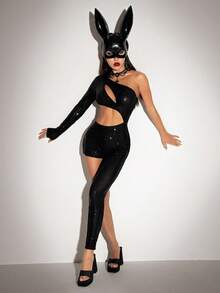 SHEIN ICON Y2k 女式万圣节角色扮演黑色派对性感大胆纯色不对称镂空亮片连体裤，适合万圣节角色扮演