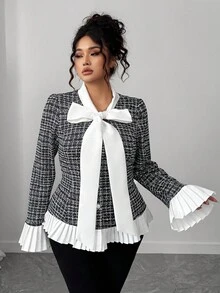 Elenzga Plus Size Women's Popular Short Jacket With Bow Collar, Color Block Design, Pleated Details, Autumn/Winter Fall - Multicolor - View 3