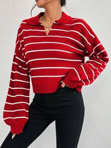 EMERY ROSE Stylish Women's Crop Pullover Sweater Featuring Red And White Stripes Rib-Knit Texture And Comfortable Drop Shoulder Long Sleeves - Red - View 5