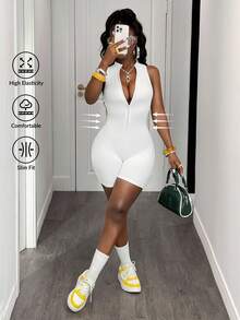 Slaydiva 女式简约前拉链无袖修身休闲连体裤 - 白色 - 查看 1