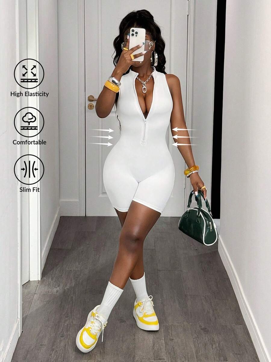 Slaydiva 女式简约前拉链无袖修身休闲连体裤 - 白色 - 查看 1