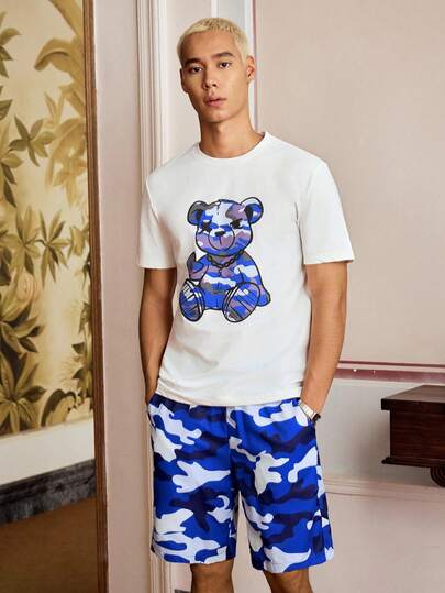 SWAVVY Men's Camouflage Bear Printed Short Sleeve Anime T-Shirt And Shorts Set