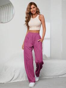 SHEIN Cottnline بنطلون رياضي نسائي بخصر مطاطي ولون أحادي - وردي - مشاهدة 6