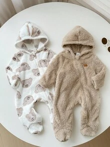 SHEIN Bộ 2 quần áo liền thân có mũ trùm đầu và quần dài mềm mại họa tiết gấu hoạt hình dễ thương dành cho trẻ sơ sinh, quần áo thường ngày cho bé mùa thu/đông - Nhiều màu - Xem 7