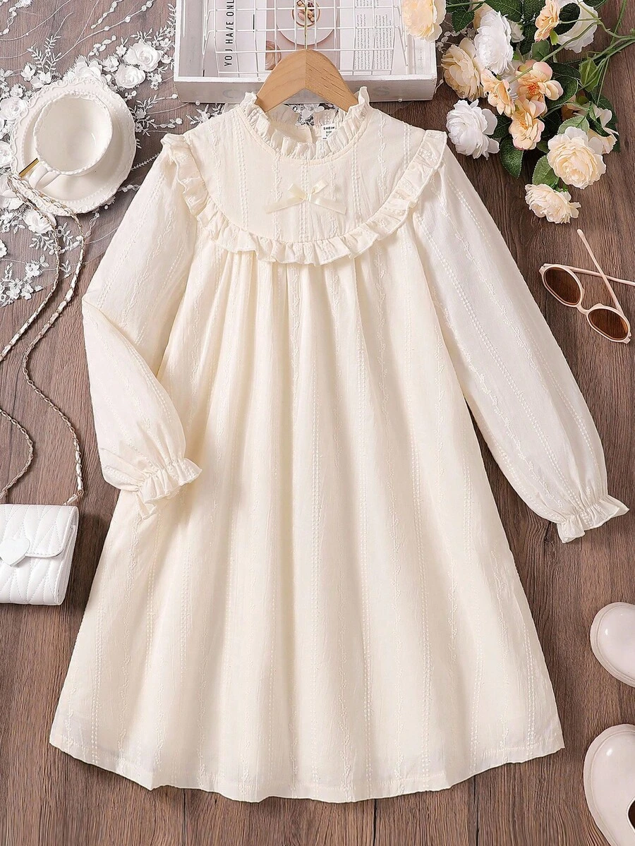 SHEIN Vintaside Kids Váy dài tay thêu họa tiết mộc mạc cho bé gái, màu mơ, đa năng cho trường học, đi chơi và nhiều dịp khác nhau - Màu be - Xem 1
