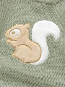 浅绿色婴幼儿可爱松鼠刺绣连体衣，圆领长袖休闲风格 - 橄欖綠 - 查看 3