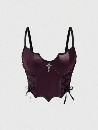 Goth Gothic Bat Design Front Tie Camisole For Women, Burgundy