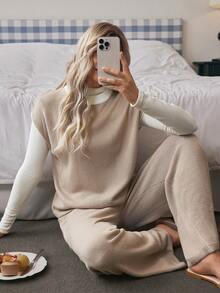 Louniche 2pcs Women's Casual Color Block Drawstring Knitted Set - Camel - View 5