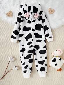 Young Girl' Cute Minimalist Black & White Cow Patchwork Heart Hoodie Plush Long Sleeve Jumpsuit Pajamas Fall Winter - White - View 2
