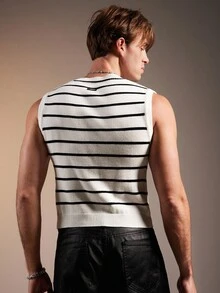 FeverCity Men's Casual Commuter Striped Pattern Slim Fit Sweater Vest, Autumn, For Fall Winter - Black and White - View 2