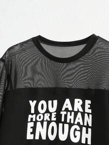 Y2Kool Morgan Reveal 艺术家标语图案网眼拼接T恤，印有“你已足够”字样，95%纯棉，适合夏季、假日、度假、音乐节、伊比沙岛风情、西部风情外出、秋季搭配、休闲时尚服装系列、新年装扮、辣妹风黑色春季穿搭、女士生日装、狂欢节服装。 - 黑色 - 查看 2