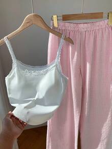 Comfortcana 2 件套女式休闲蕾丝花边吊带背心和红白条纹裤，返校季 2 件套休闲套装 - 紅白色 - 查看 5