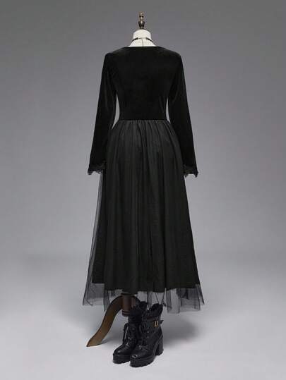 Goth Gothic Dark Queen Style Witch Halloween Outfit, Deep V-Neck Lace Trim Velvet A-Line Plus Size Dress