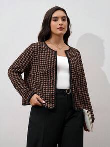 SHEIN Clasi 秋季大码女式千鸟格印花长袖开襟休闲夹克 - 棕色 - 查看 8