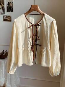 Comfortcana 撞色滚边系带衬衫 棉质女式衬衫 亚麻女式衬衫 - 杏色 - 查看 3