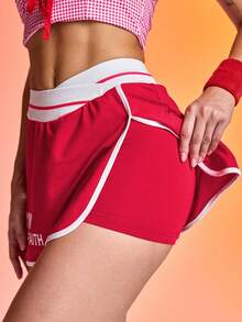 SHEIN Dewbera Women's Letter Print Trim Side Slit Sports Skort Gym Skirts Athletic Skirt Red Gym Skirt Women Athletic Skirts Workout Skirt Tennis Skirt - Red - View 8