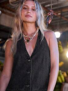 Aralina Denim Button Down Halter Neck Vintage Inspired Summer Outfits Mini Dress - Black - View 5