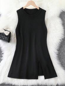 SHEIN 1 件女童简约休闲优雅无袖开衩设计常规厚度圆领百搭黑色针织长款毛衣，日常休闲装，春秋季 - 黑色 - 查看 8