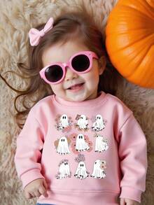 Halloween Cosplay Baby Girl Casual Fashionable Creative Grid Ghost & Flower Print Basic Crew Neck Sweatshirt, Fall Clothes Winter - Pink - View 3