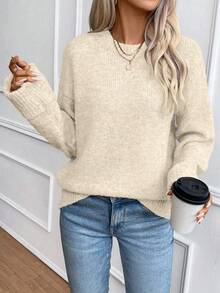 EMERY ROSE Women's Casual Loose Fit Drop Shoulder Long Sleeve Crew Neck Sweater - Apricot - View 5