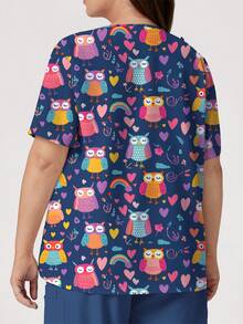 PopScrub Blusa de verano informal tipo uniforme de enfermería para mujer talla grande con lindo estampado de búho y corazón arcoíris