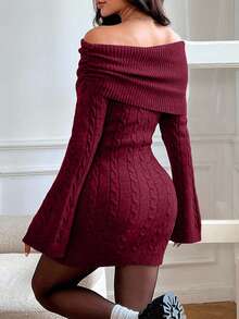 EURMUSE Women's Autumn Twist Cable Pattern Off Shoulder Long Sleeve Fitted Knit Dress,Winter Dresses - Burgundy - View 2