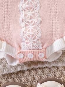 SHEIN Body de punto con ribete de encaje para bebé niña, body de manga larga, decoración de lazo adorable, versátil para uso diario, adecuado para otoño/invierno - Rosa - Ver 3