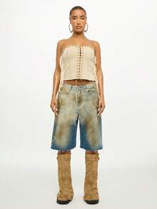 SUMWON WOMEN Denim Eyelet Lace Up Corset Top With Fringe Detail Strapless Bustier