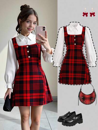 Elladie kids 女童春秋优雅格子珍珠纽扣长袖连衣裙，适合度假和返校装