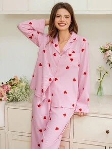 Snug Reverie 条纹心形印花翻领长袖上衣和长裤女士睡衣套装，秋季服装 - 彩色 - 查看 5