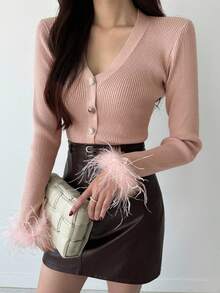 DAZY Chic V-Neck Fuzzy Sleeve Cardigan For Women, Slim Fit & Flattering Fall/Winter - Pink - View 7