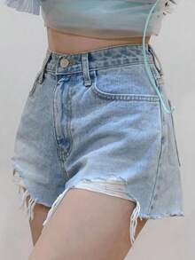 DAZY 浅蓝色水洗做旧毛边修身直筒短牛仔裤，夏季牛仔短裤 - 淺色水洗藍 - 查看 4