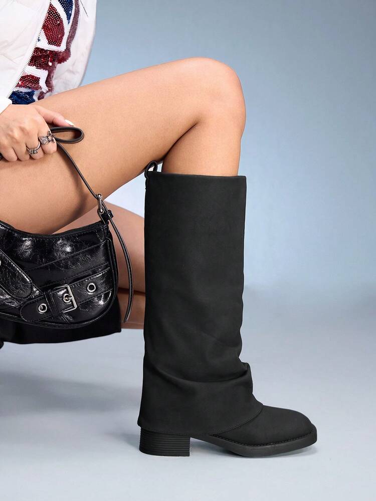 CUCCOO GRLICON Women's Thick Sole Square Toe Fashion High Boots, Velvet Material With Rivet Decor, Suitable For Halloween, Christmas, New Year, Date Night, Shark Boots, Black, Autumn
