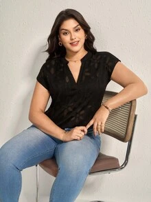 Comfylo Plus Size Cut-Out Sheer Short Sleeve Casual Top Summer Vacation Woman Easter Rave Festival Boho Women Country Women Country Concert Spring For Women Summer Western Wear Women Blouse - Black - View 5