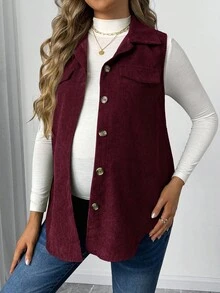 SHEIN Maternity Loose Corduroy Faux Pocket Vest Jacket, Autumn Winter - Burgundy - View 4