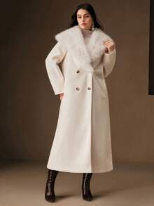 Anewsta Women's Fashionable Ivory Long Overcoat With Fluffy Collar And Double-Breasted Design, Plus Size, Autumn/Winter - White - View 4