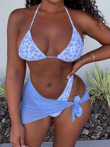 Alexandranx Women's Summer Beach Ditsy Floral Halter Neck Tie Bikini Swimwear Set With Cover-Up Skirt, 3 Pieces Bathing Suits