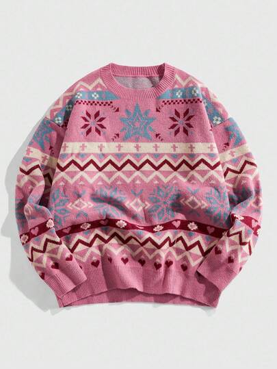 Street Life Men's Geometric Jacquard Crew Neck Casual Sweater, Autumn