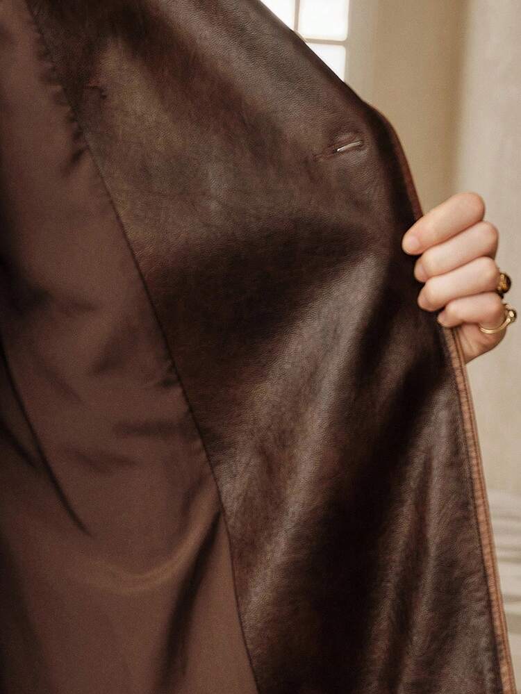 Women's Brown PU Distressed Long Jacket, Belted Waist, Regular Fit Outerwear For Winter