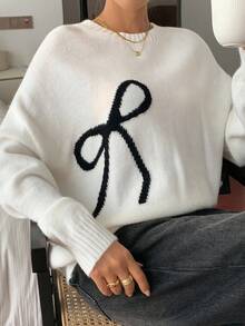 DAZY Cremeweiß Schleife Gestrickter Pullover für Frauen, Locker Vintage Stil, Herbst/Winter