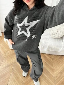 2 件套青少年女孩星星字母印花宽松灰色连帽运动衫和工装口袋褶皱斜纹裤，女孩冬季/秋季服装，儿童运动服，非常适合秋冬季休闲、日常穿着和上学 - 灰色 - 查看 3