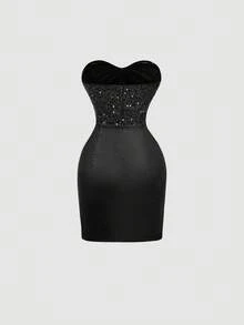 SHEIN MOD 大码女士黑色露肩亮片优雅连衣裙，适合阵亡将士纪念日、毕业典礼、派对、女士派对礼服、修身连衣裙、女士夏季连衣裙、蜜月旅行装、毕业典礼礼服、婚礼宾客礼服、度假装、飘逸连衣裙、派对连衣裙、修身连衣裙等场合。 - 黑色 - 查看 4