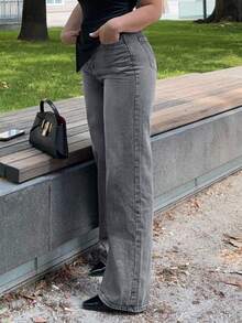 Jeta Ari 女式宽松口袋阔腿休闲牛仔裤 - 灰色 - 查看 3